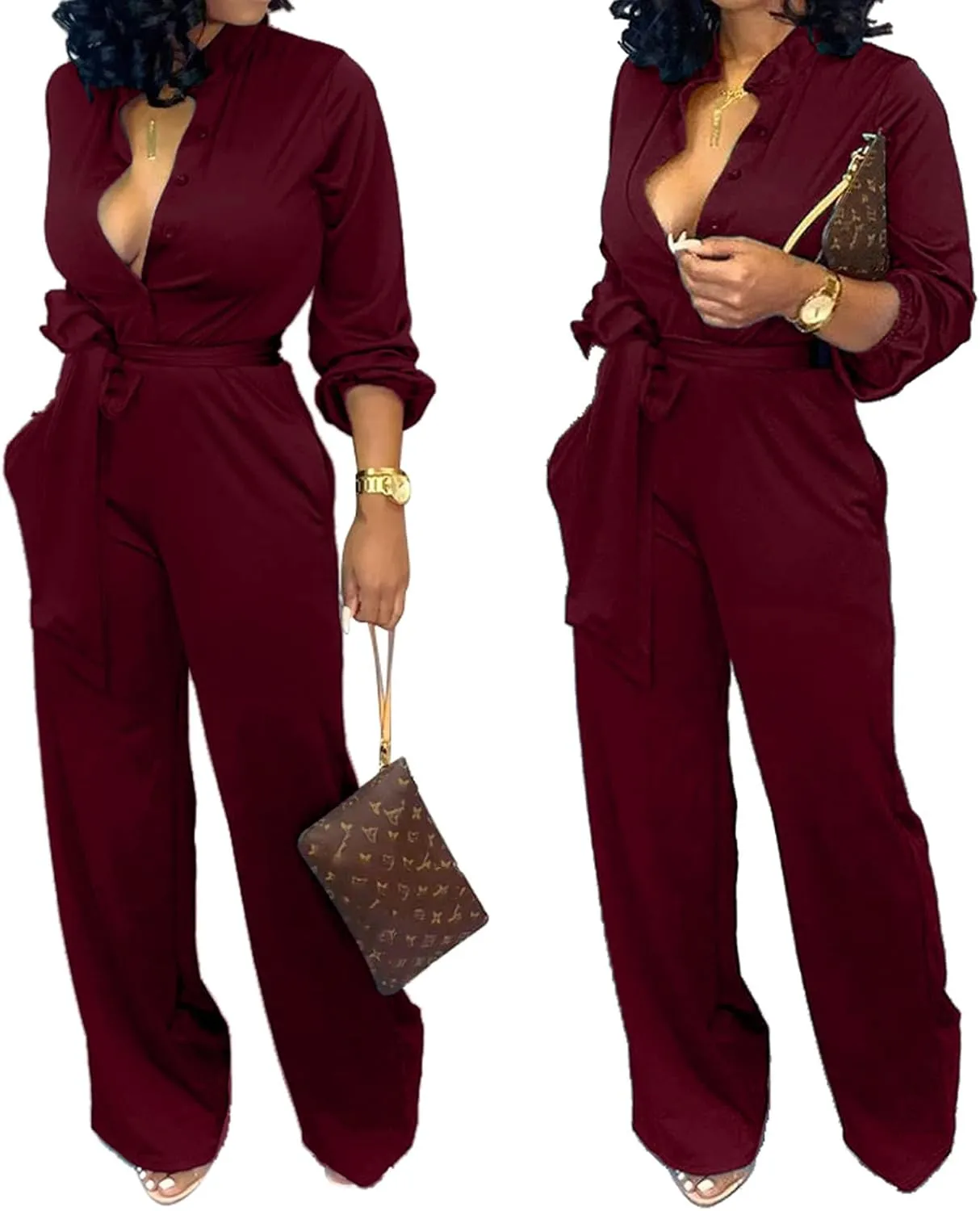Women Jumpsuits For Elegant Sexy V Neck Long Sleeve Casual for Work Wide Leg Pants with Pockets Belt