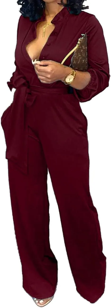 Women Jumpsuits For Elegant Sexy V Neck Long Sleeve Casual for Work Wide Leg Pants with Pockets Belt