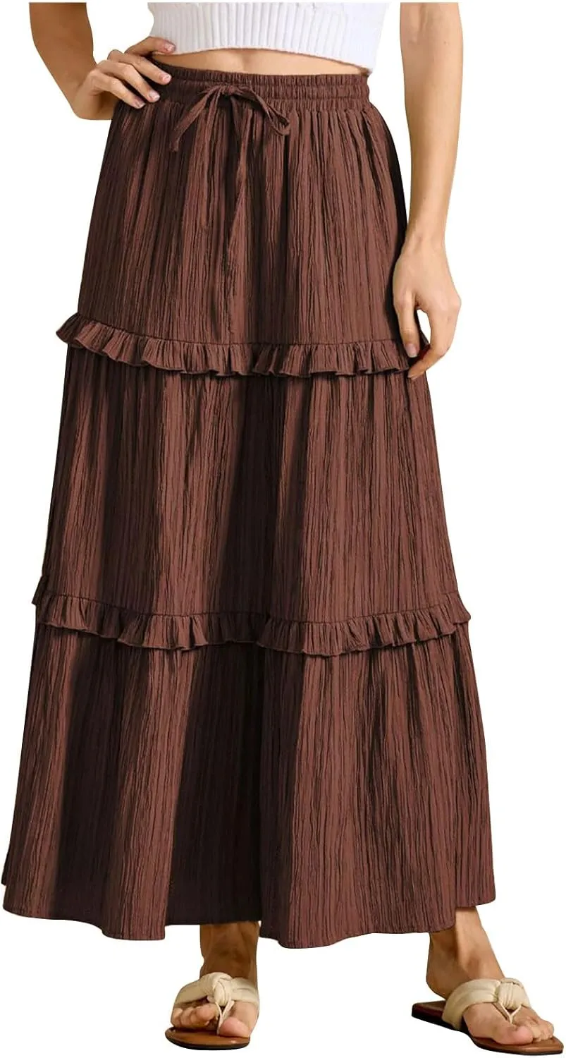 Women Midi Skirt Summer Boho Elastic High Waist Beach Long Skirts Casual Trendy Hem Pleated A-Line Flowy Swing Skirt