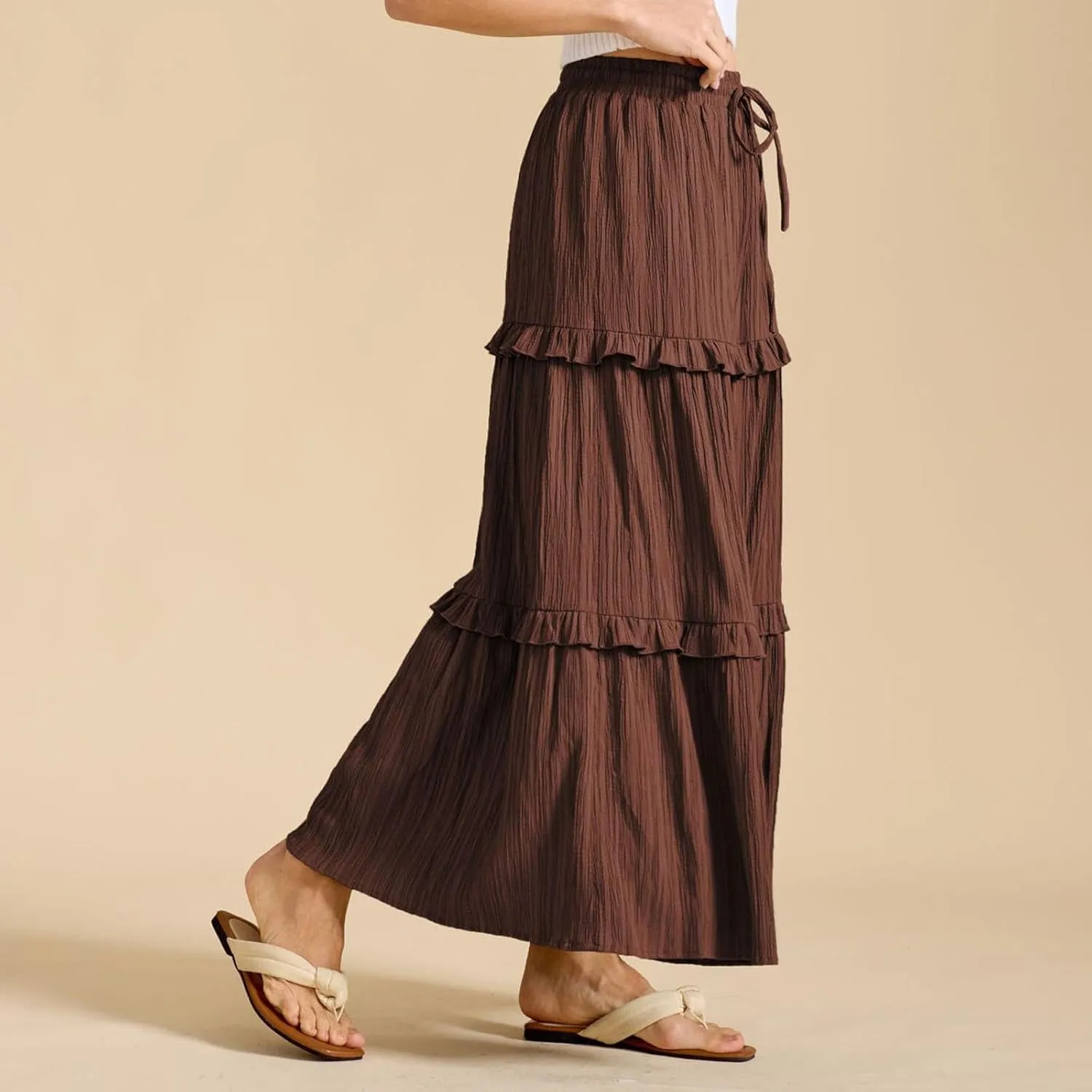 Women Midi Skirt Summer Boho Elastic High Waist Beach Long Skirts Casual Trendy Hem Pleated A-Line Flowy Swing Skirt