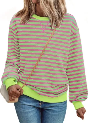 Women Oversized Striped Sweatshirt Loose Pullover Long Sleeve Fall 2024 Casual Hoodies Y2K Crew Neck Sweater