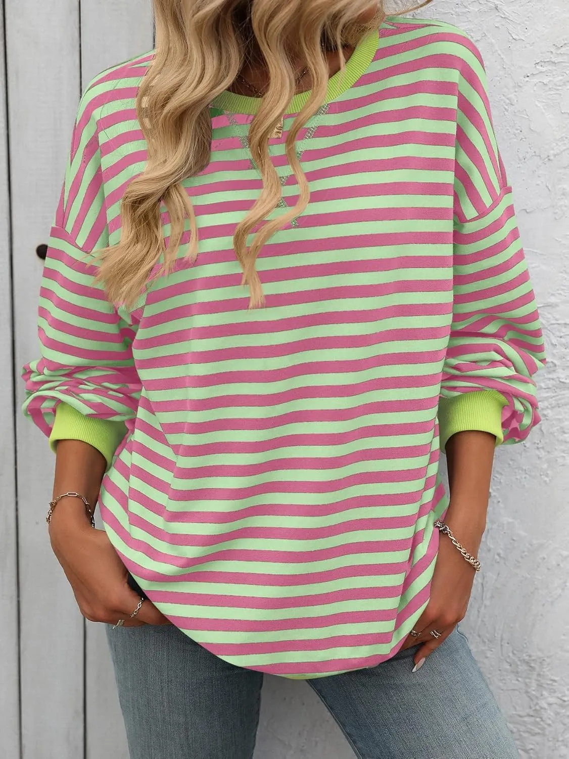 Women Oversized Striped Sweatshirt Loose Pullover Long Sleeve Fall 2024 Casual Hoodies Y2K Crew Neck Sweater