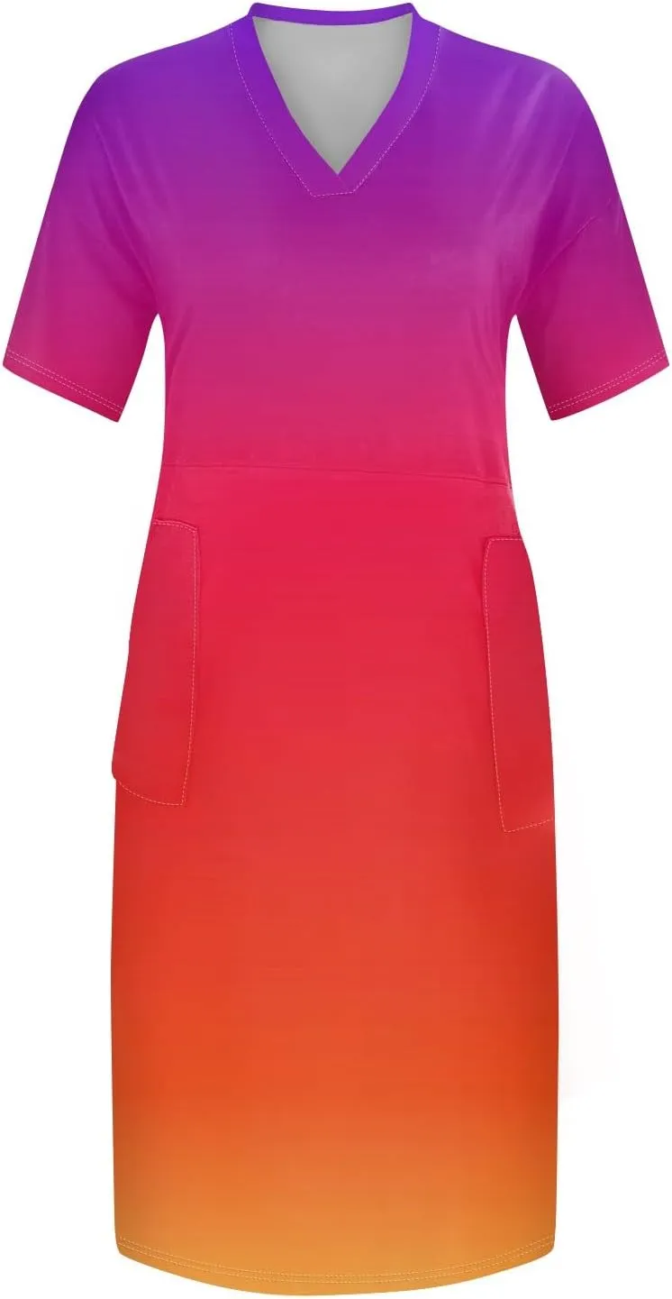 Women Plus Size Hawaiian Dress Summer V Neck Short Sleeve Gradient Print Midi T Shirt Dresses with Pockets, L-5XL