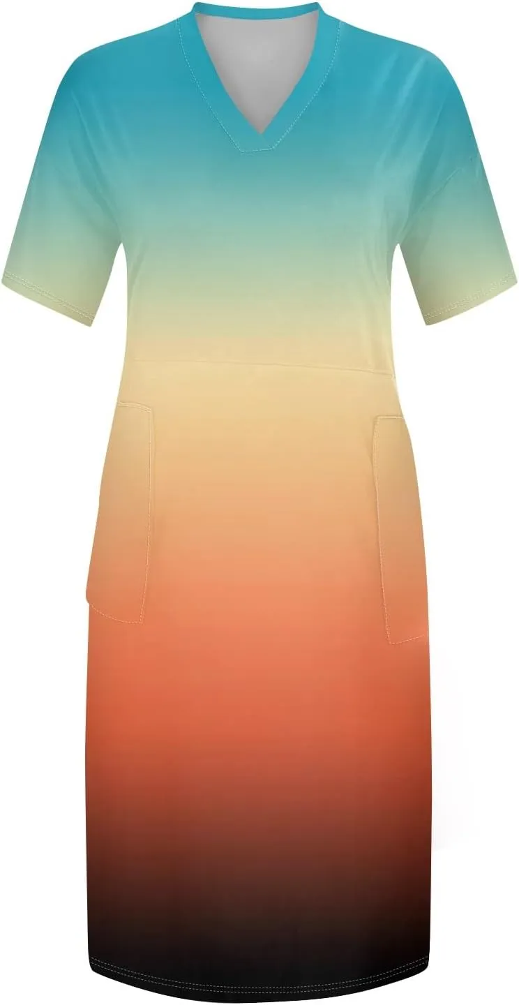 Women Plus Size Hawaiian Dress Summer V Neck Short Sleeve Gradient Print Midi T Shirt Dresses with Pockets, L-5XL