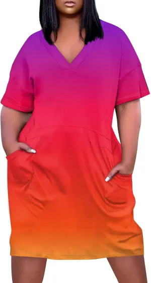 Women Plus Size Hawaiian Dress Summer V Neck Short Sleeve Gradient Print Midi T Shirt Dresses with Pockets, L-5XL