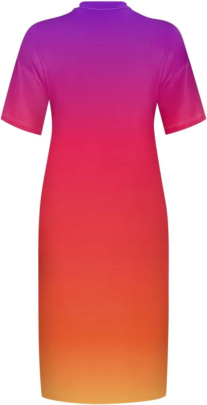 Women Plus Size Hawaiian Dress Summer V Neck Short Sleeve Gradient Print Midi T Shirt Dresses with Pockets, L-5XL