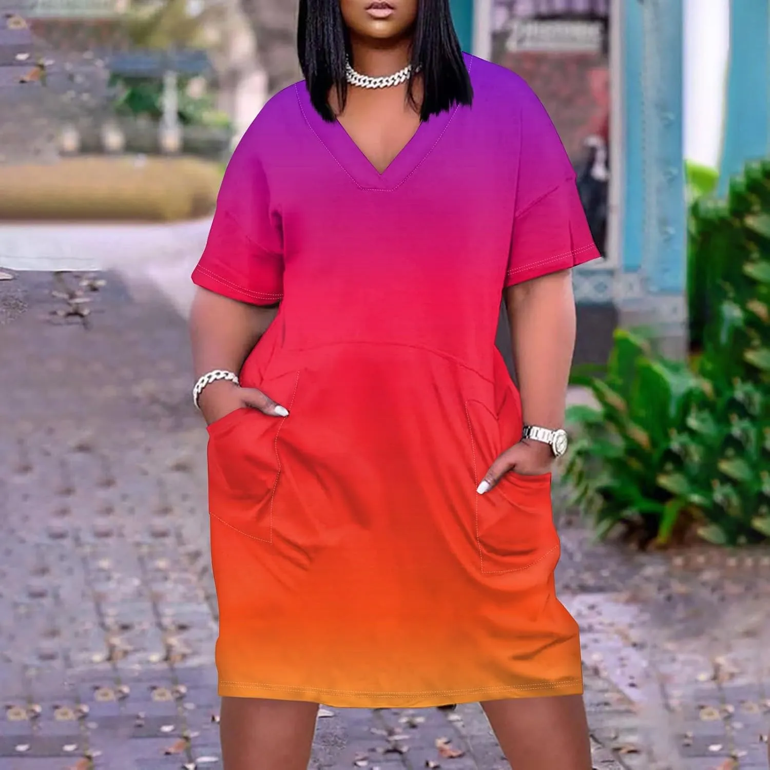Women Plus Size Hawaiian Dress Summer V Neck Short Sleeve Gradient Print Midi T Shirt Dresses with Pockets, L-5XL