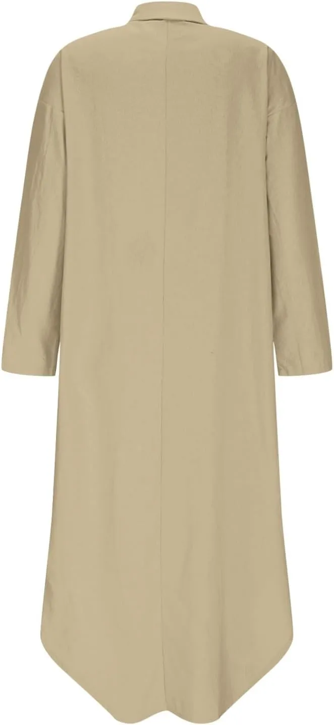 Women Rolled-Up 3/4 Sleeve Maxi Dress Summer Cotton Linen Casual Henley Shirt Dresses Curved Hem Flowy Beach Dress