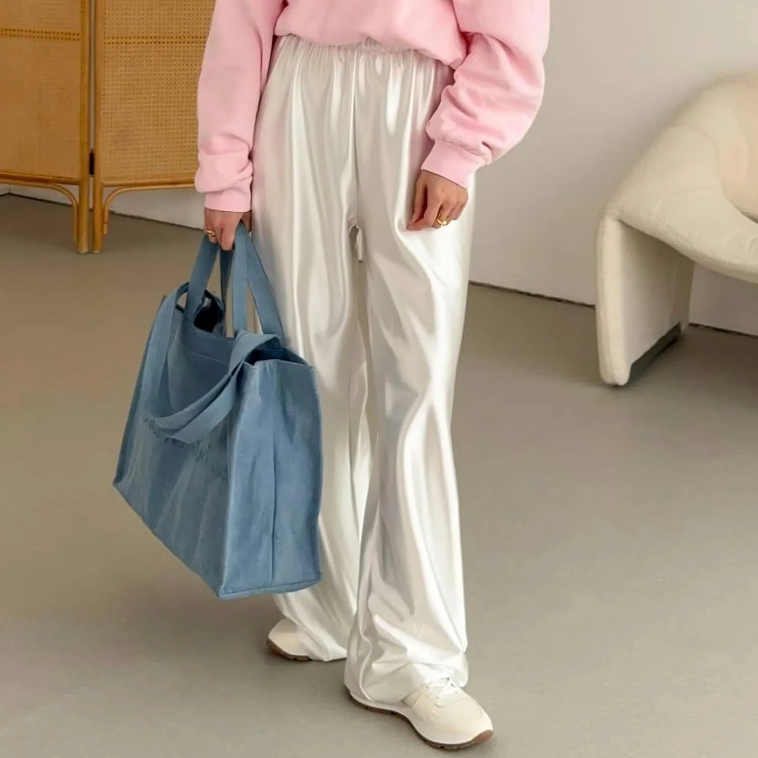 Women Satin Wide Leg Dress Pants Silk Casual Dressy Long Flowy Pants Elastic High Waisted Trousers