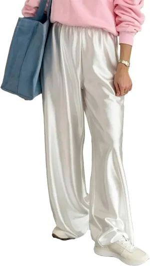 Women Satin Wide Leg Dress Pants Silk Casual Dressy Long Flowy Pants Elastic High Waisted Trousers
