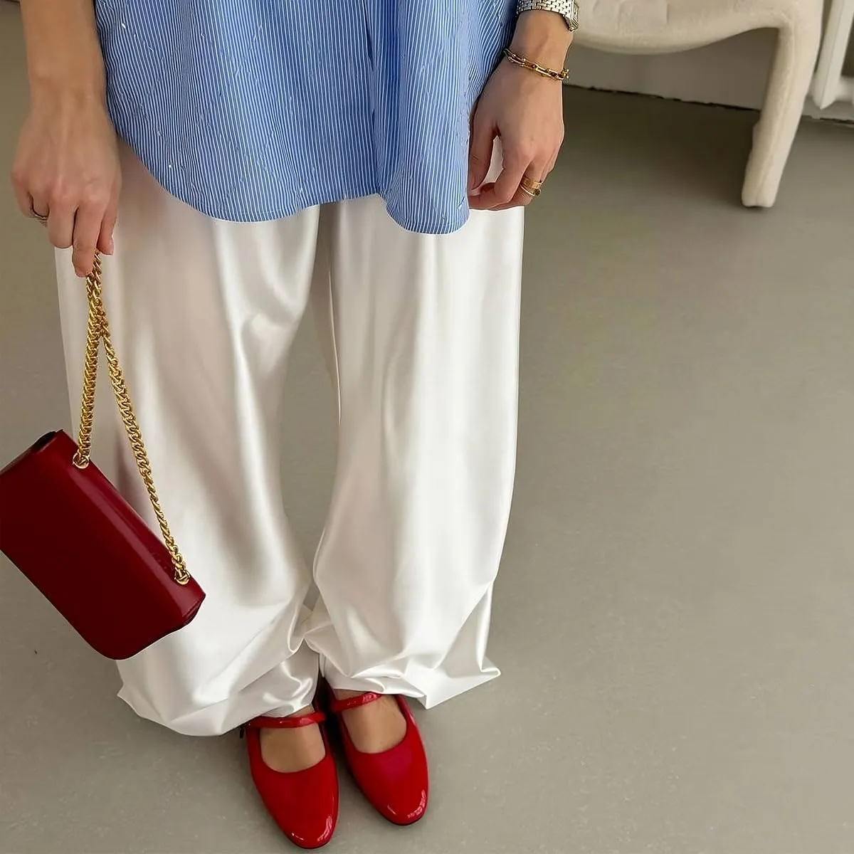 Women Satin Wide Leg Dress Pants Silk Casual Dressy Long Flowy Pants Elastic High Waisted Trousers