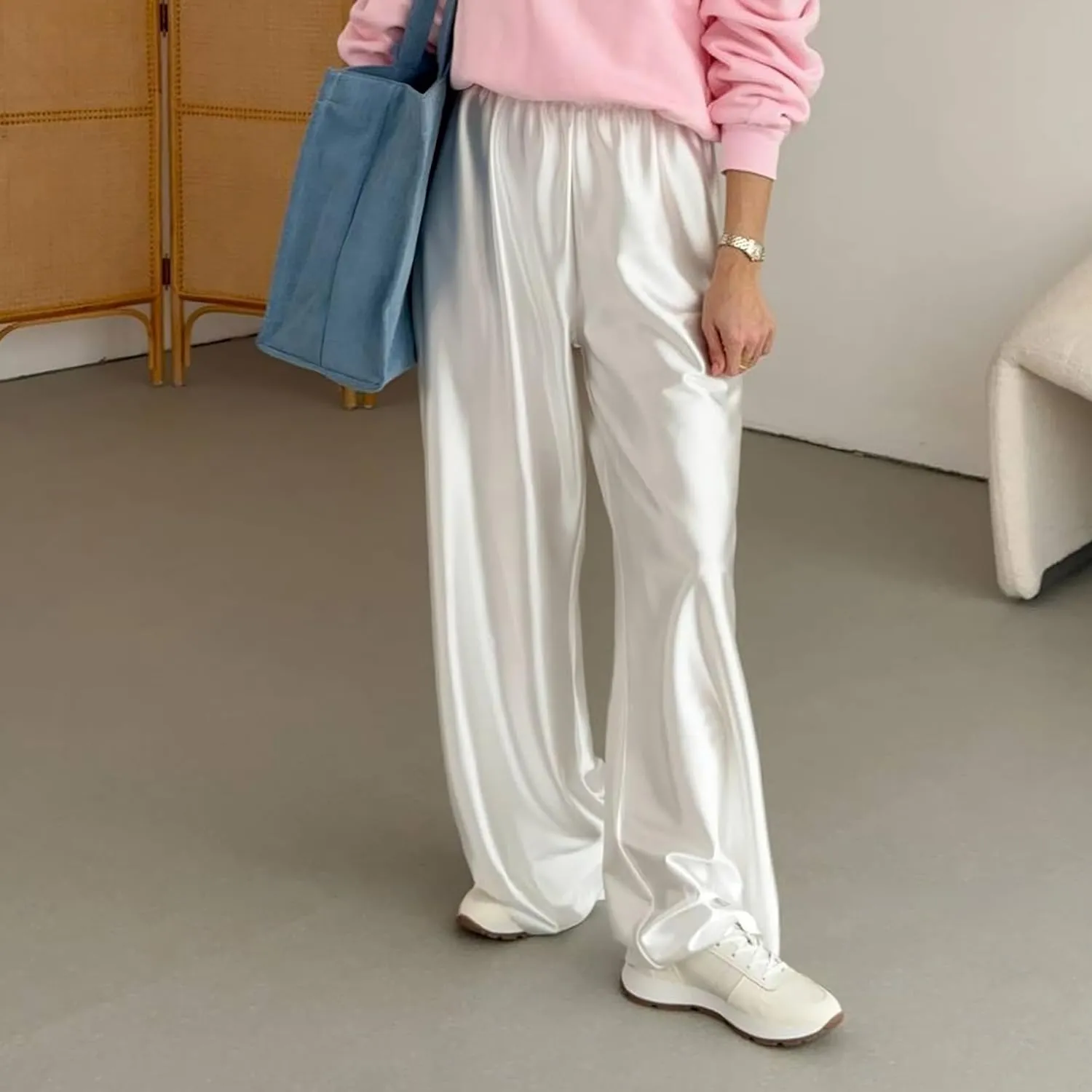 Women Satin Wide Leg Dress Pants Silk Casual Dressy Long Flowy Pants Elastic High Waisted Trousers