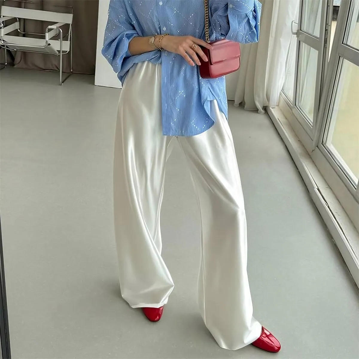 Women Satin Wide Leg Dress Pants Silk Casual Dressy Long Flowy Pants Elastic High Waisted Trousers
