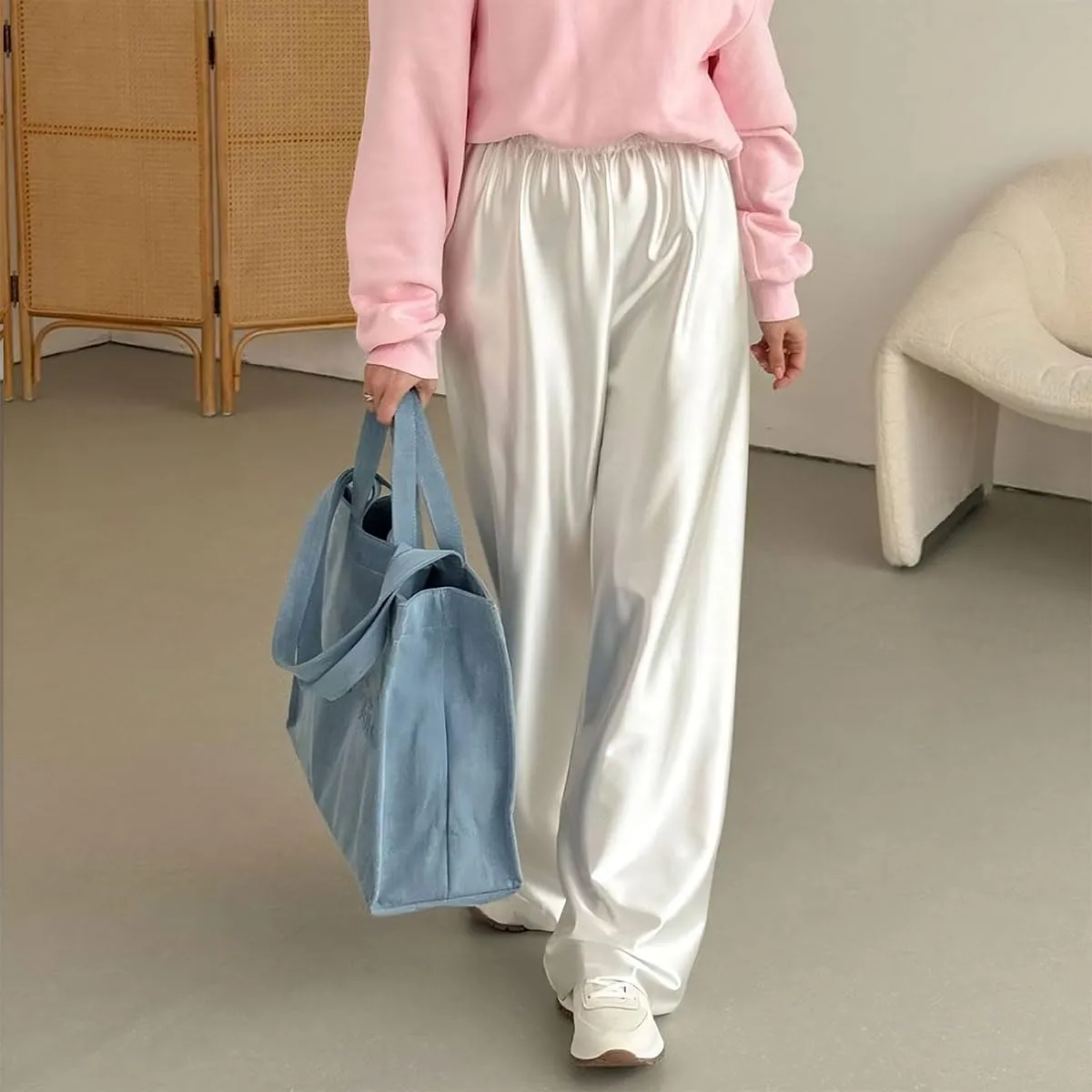 Women Satin Wide Leg Dress Pants Silk Casual Dressy Long Flowy Pants Elastic High Waisted Trousers
