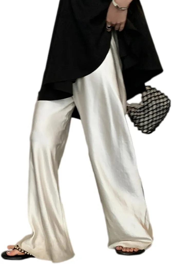 Women Satin Wide Leg Dress Pants Silk Casual Dressy Long Flowy Pants Elastic High Waisted Trousers