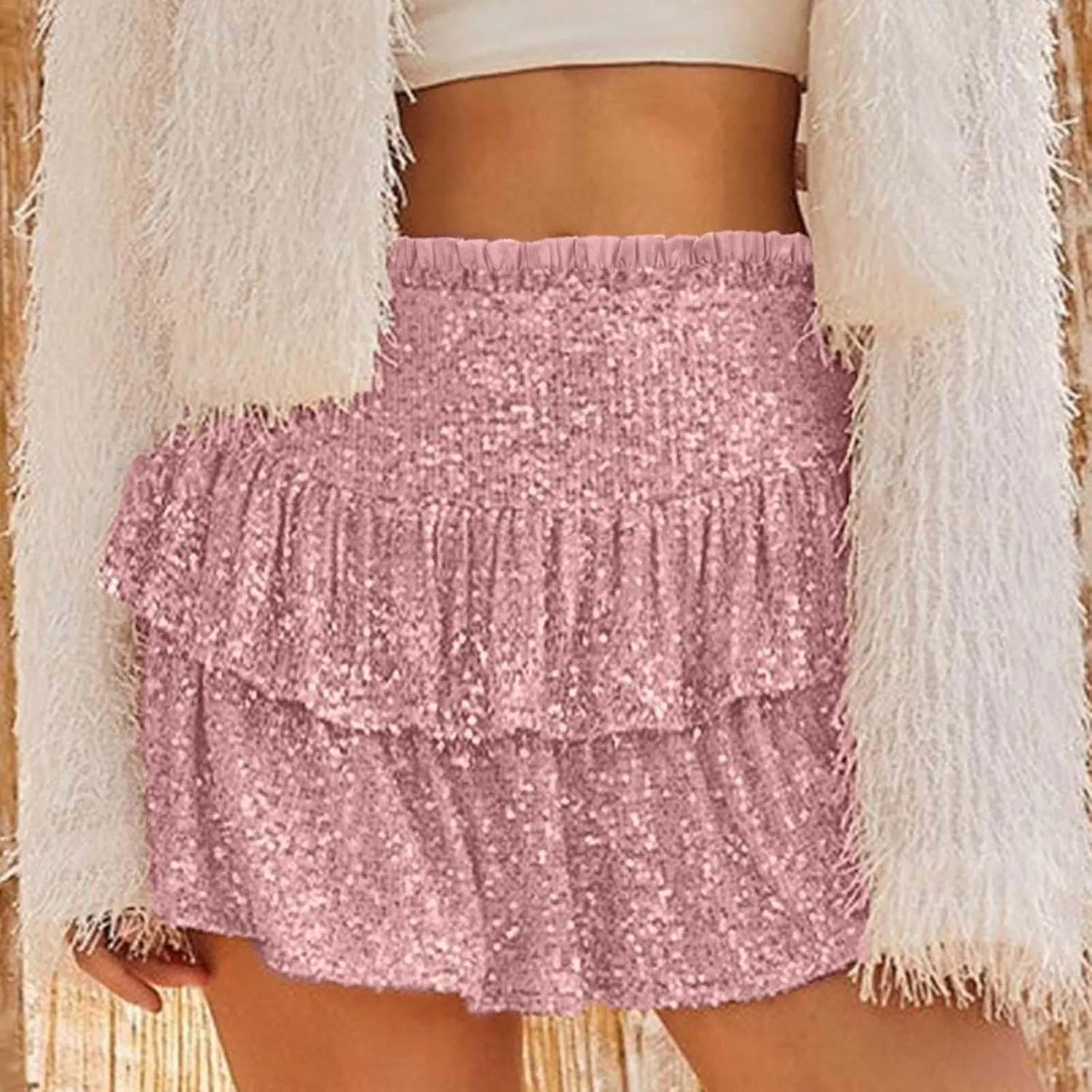 Women Sequin Skirt Sparkly Cute High Waist Ruffle Skirt Fashion 2025 Teen Girls Night Out Party Glitter Mini Skirt