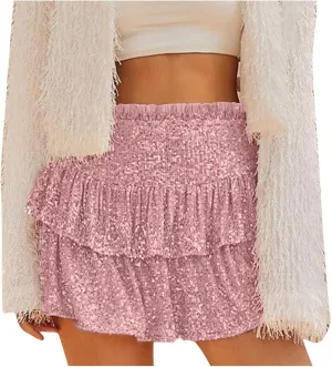 Women Sequin Skirt Sparkly Cute High Waist Ruffle Skirt Fashion 2025 Teen Girls Night Out Party Glitter Mini Skirt