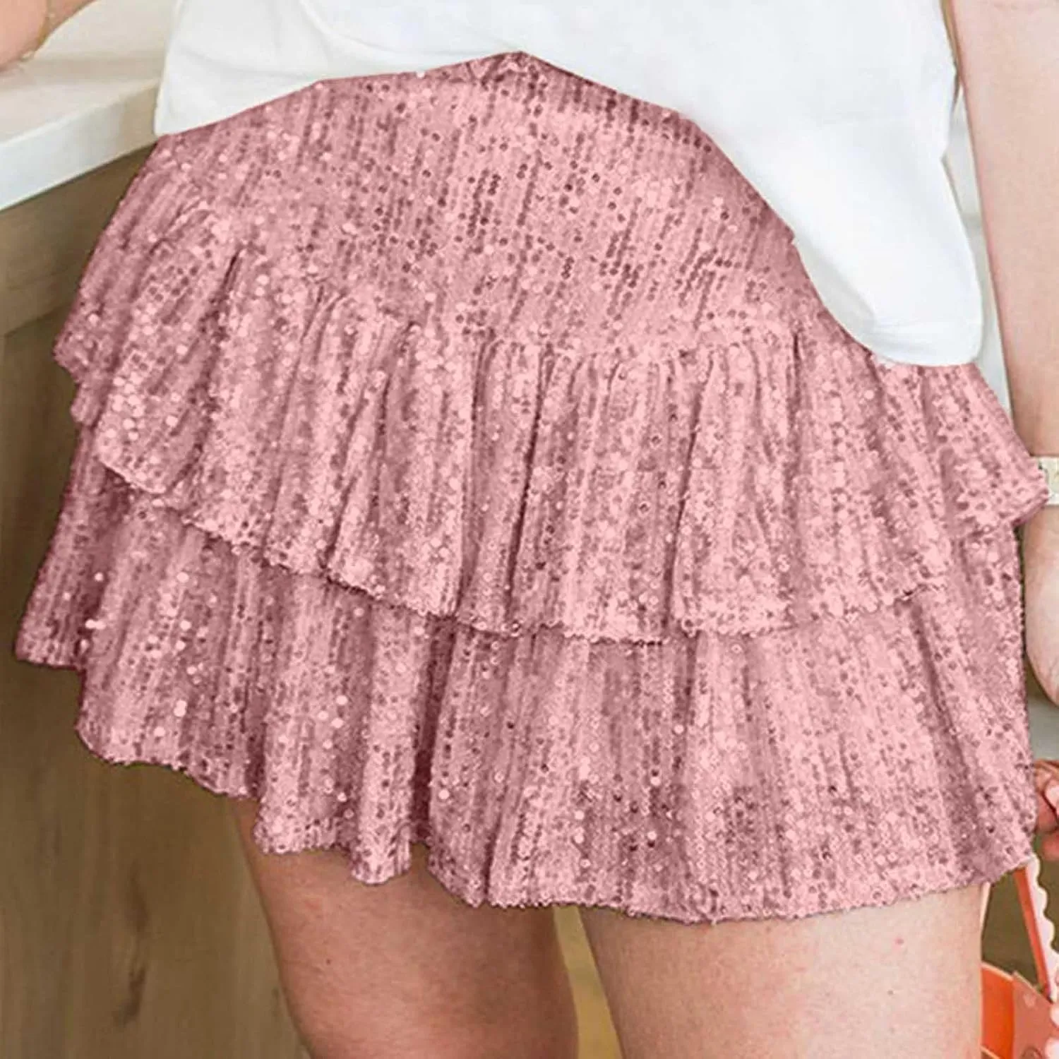 Women Sequin Skirt Sparkly Cute High Waist Ruffle Skirt Fashion 2025 Teen Girls Night Out Party Glitter Mini Skirt