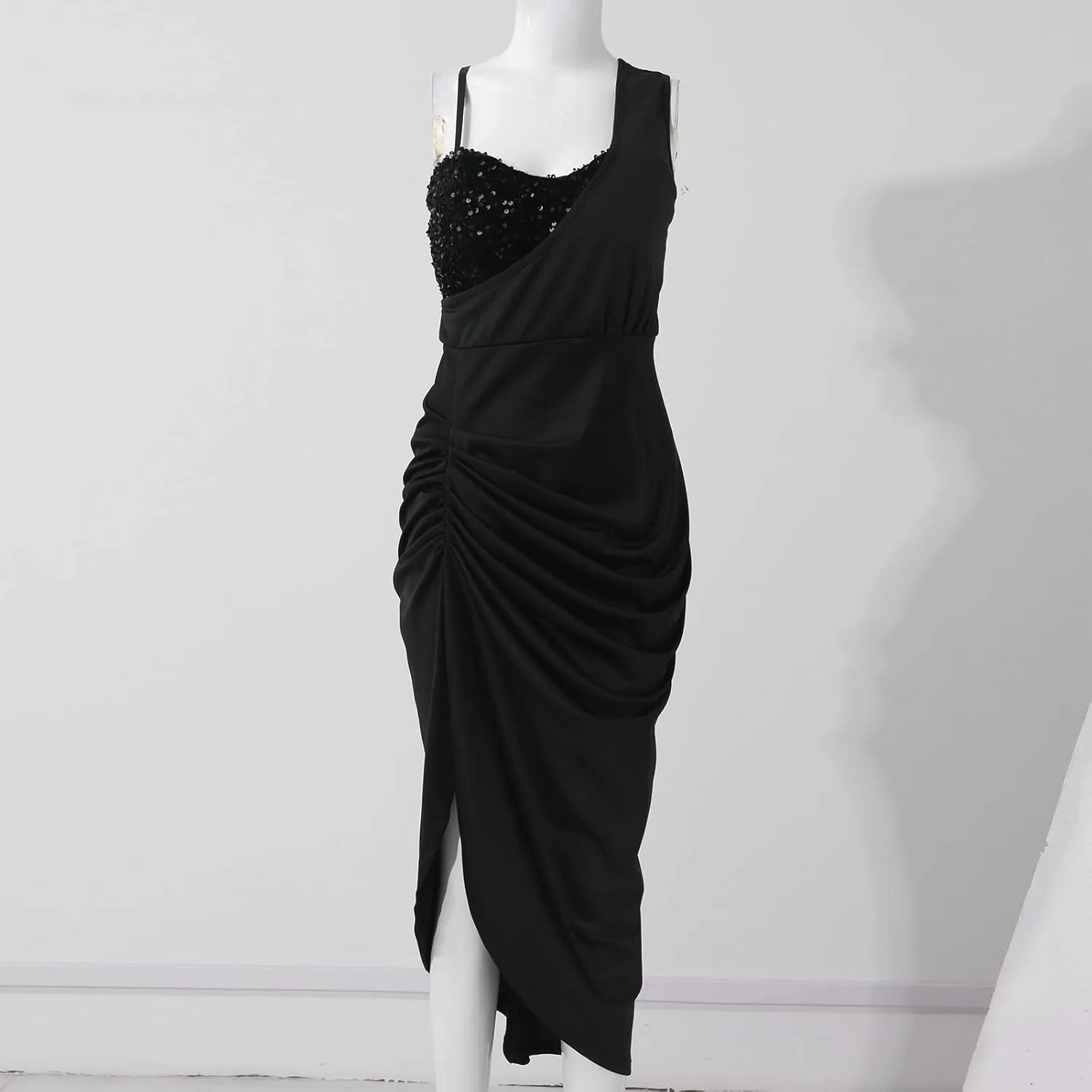 Women Spring Fashion, Women's Solid Color Sexy Sequin Slit Maxi Smocked One Shoulder Evening Dress