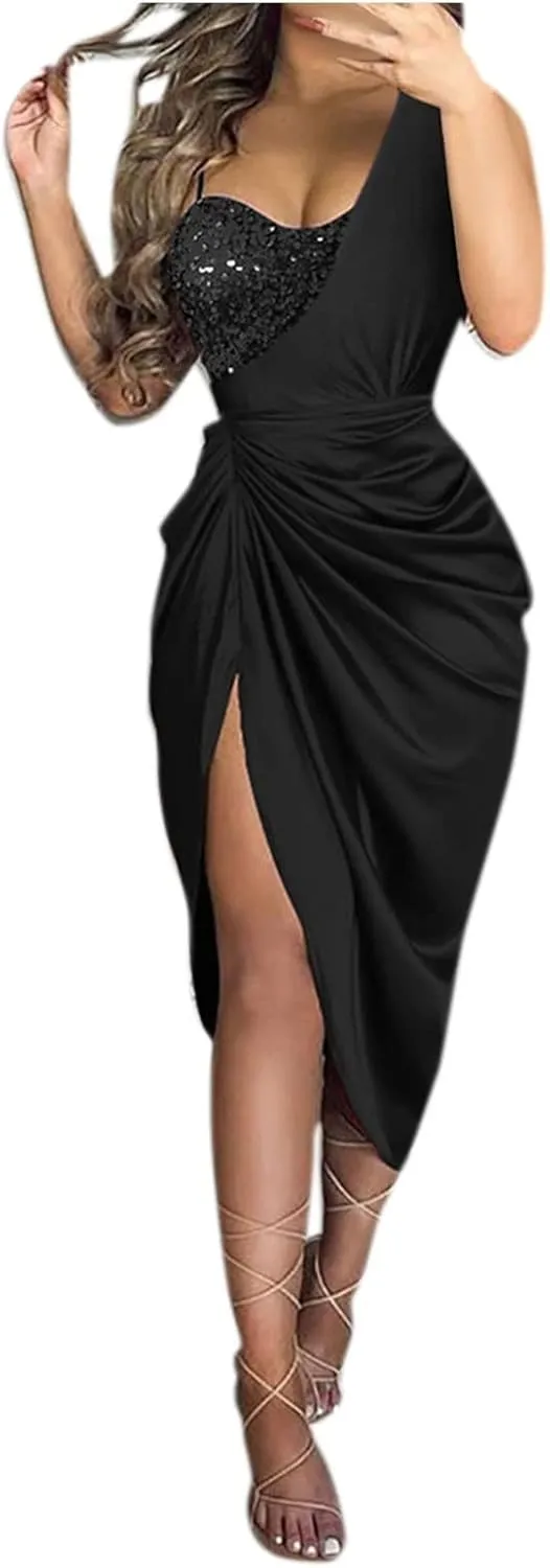 Women Spring Fashion, Women's Solid Color Sexy Sequin Slit Maxi Smocked One Shoulder Evening Dress
