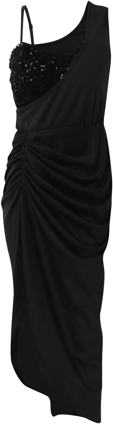 Women Spring Fashion, Women's Solid Color Sexy Sequin Slit Maxi Smocked One Shoulder Evening Dress
