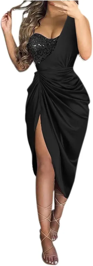 Women Spring Fashion, Women's Solid Color Sexy Sequin Slit Maxi Smocked One Shoulder Evening Dress
