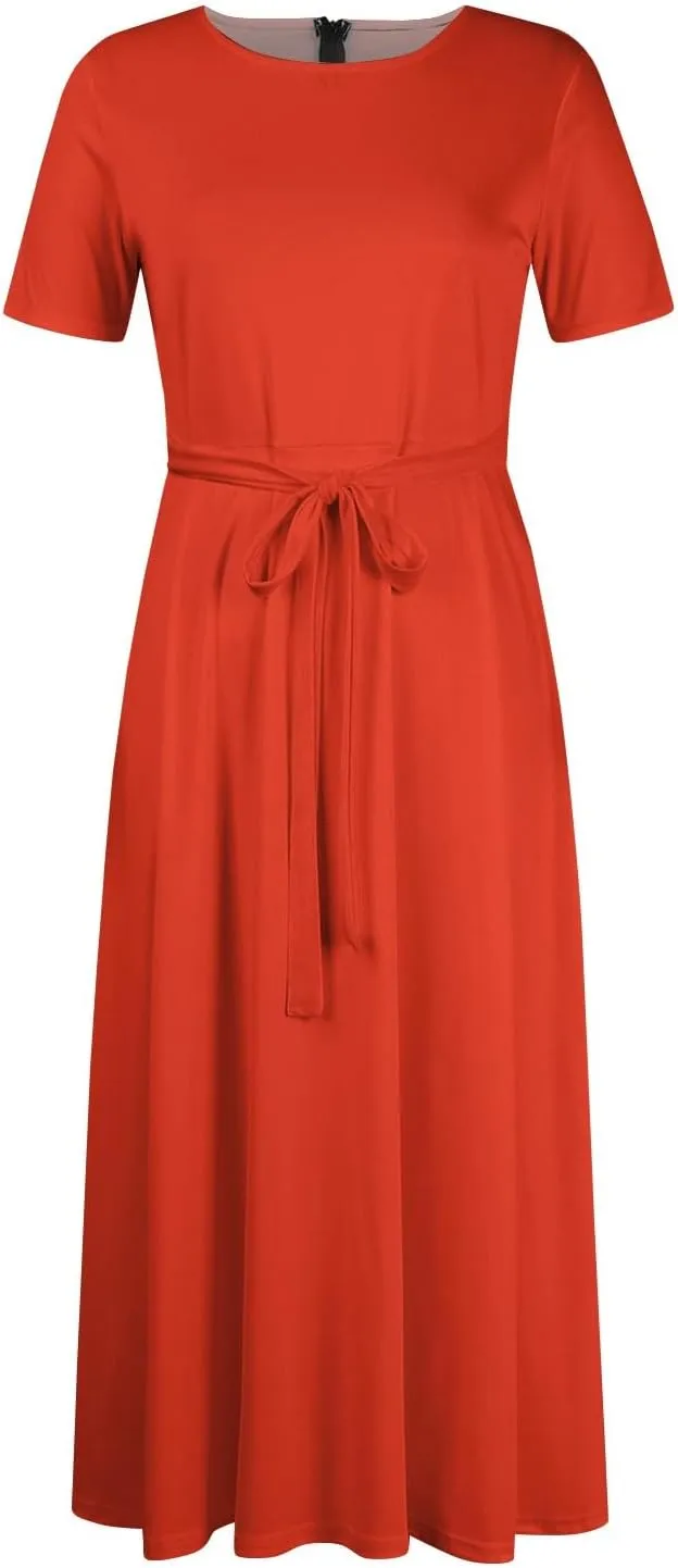 Women Spring High Waist Short Sleeve Casual Solid Color Round Neck Drawstring Swing Big Hem Maxi Dresses, XL-5XL