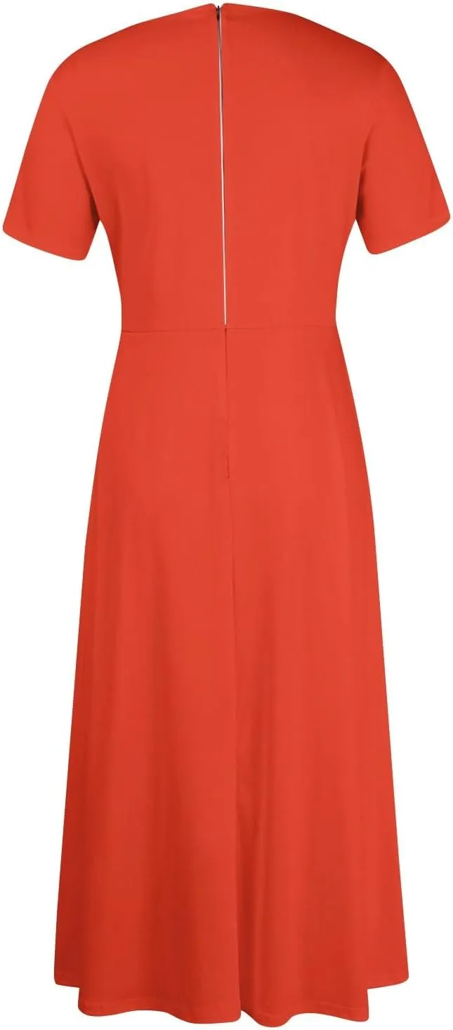 Women Spring High Waist Short Sleeve Casual Solid Color Round Neck Drawstring Swing Big Hem Maxi Dresses, XL-5XL