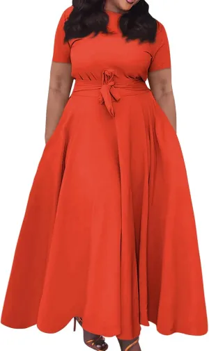 Women Spring High Waist Short Sleeve Casual Solid Color Round Neck Drawstring Swing Big Hem Maxi Dresses, XL-5XL