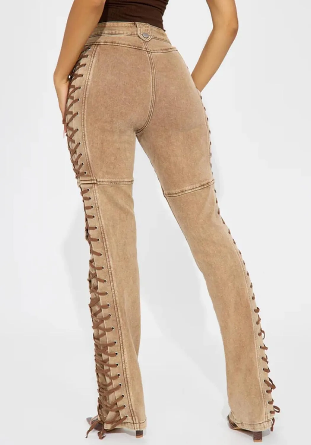 Women Straight Leg Jeans Casual Y2k High Waisted Lace UP Split Hem Jeans Slim Fit Trendy Denim Pants