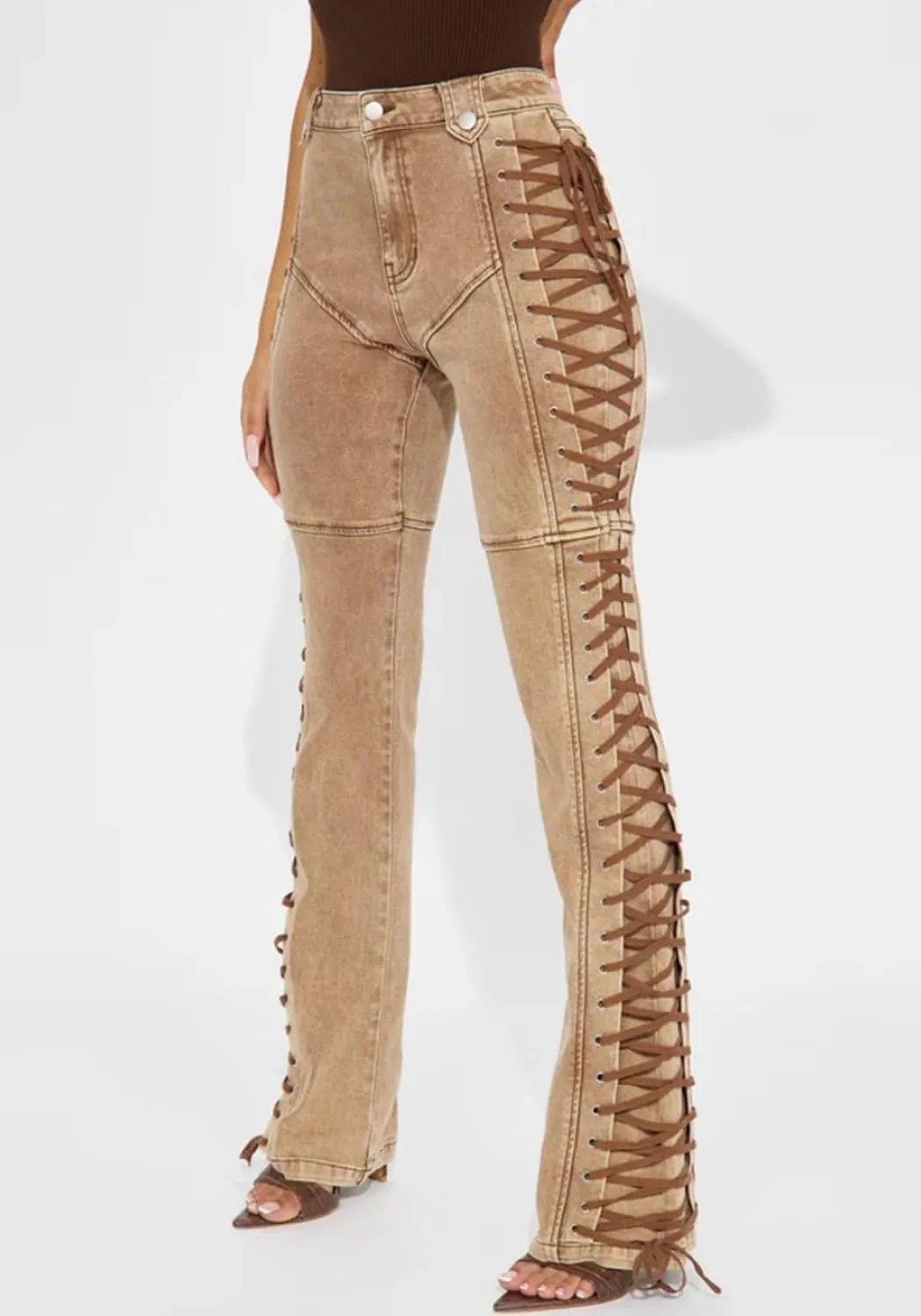 Women Straight Leg Jeans Casual Y2k High Waisted Lace UP Split Hem Jeans Slim Fit Trendy Denim Pants