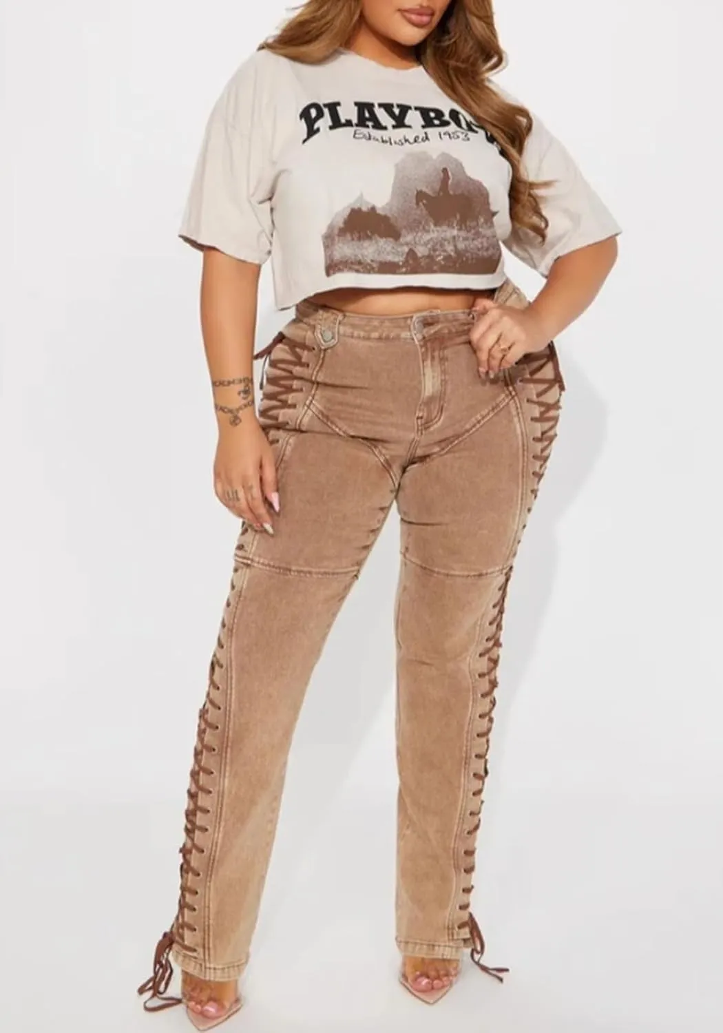 Women Straight Leg Jeans Casual Y2k High Waisted Lace UP Split Hem Jeans Slim Fit Trendy Denim Pants