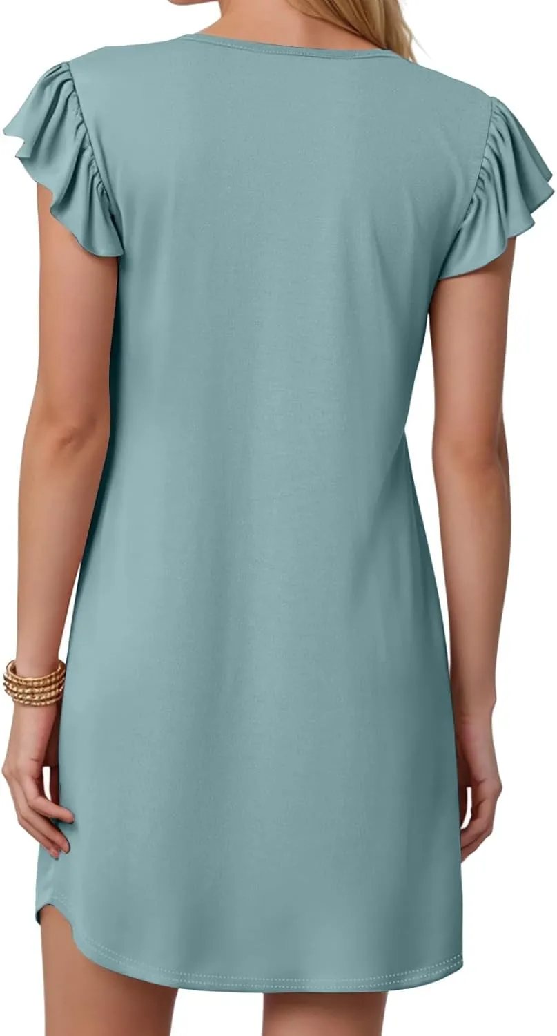Women Summer Dresses Beach Deep V Neck Loose Ruffle Sleeve A Line Plain Casual Solid Loose Short Flowy Mini Dress