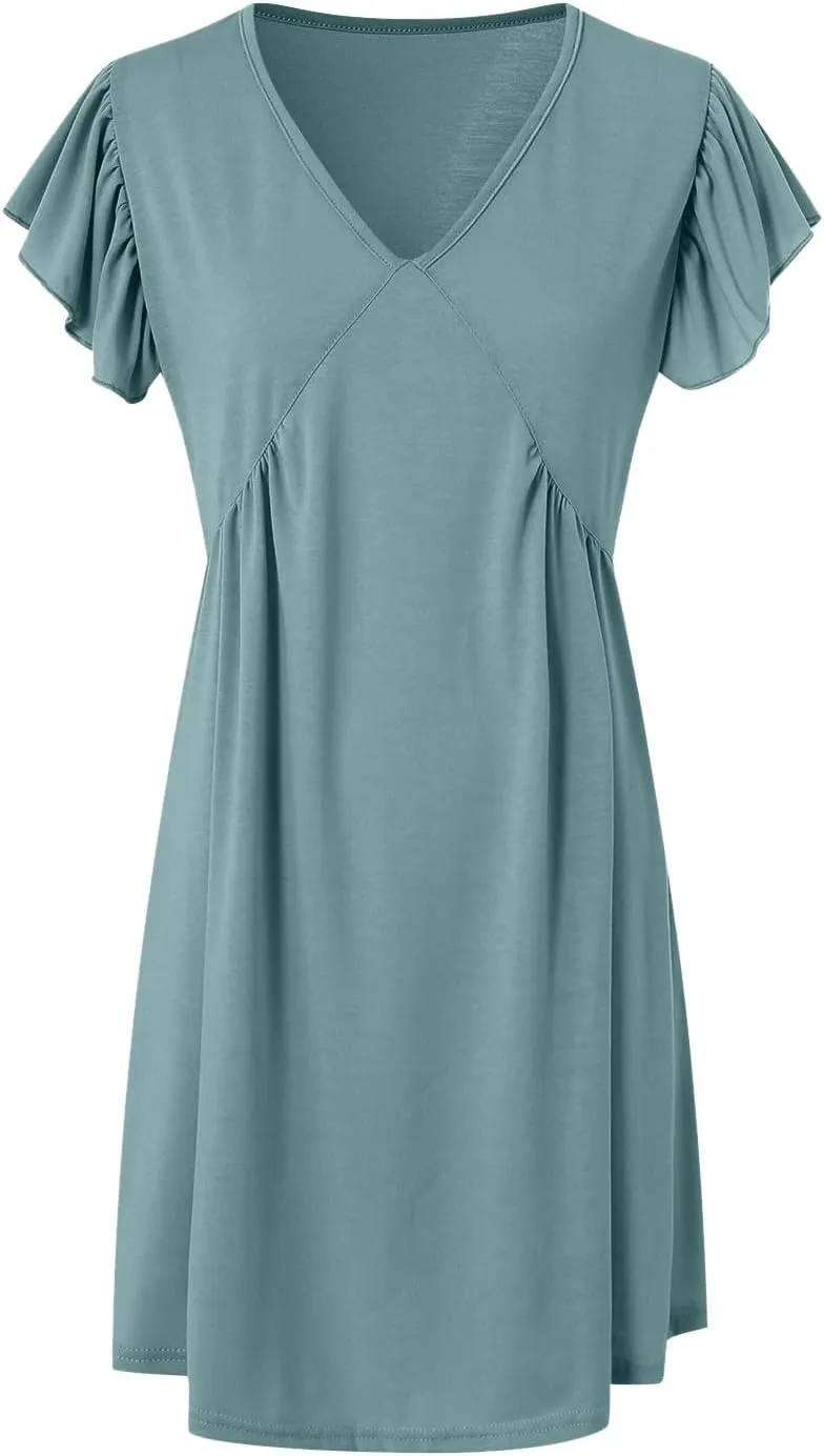 Women Summer Dresses Beach Deep V Neck Loose Ruffle Sleeve A Line Plain Casual Solid Loose Short Flowy Mini Dress