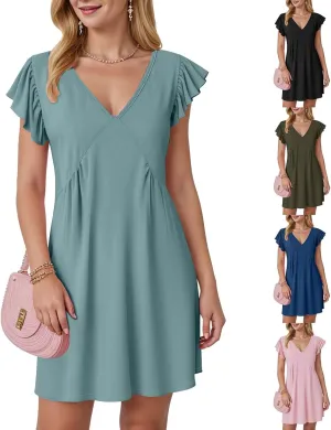 Women Summer Dresses Beach Deep V Neck Loose Ruffle Sleeve A Line Plain Casual Solid Loose Short Flowy Mini Dress