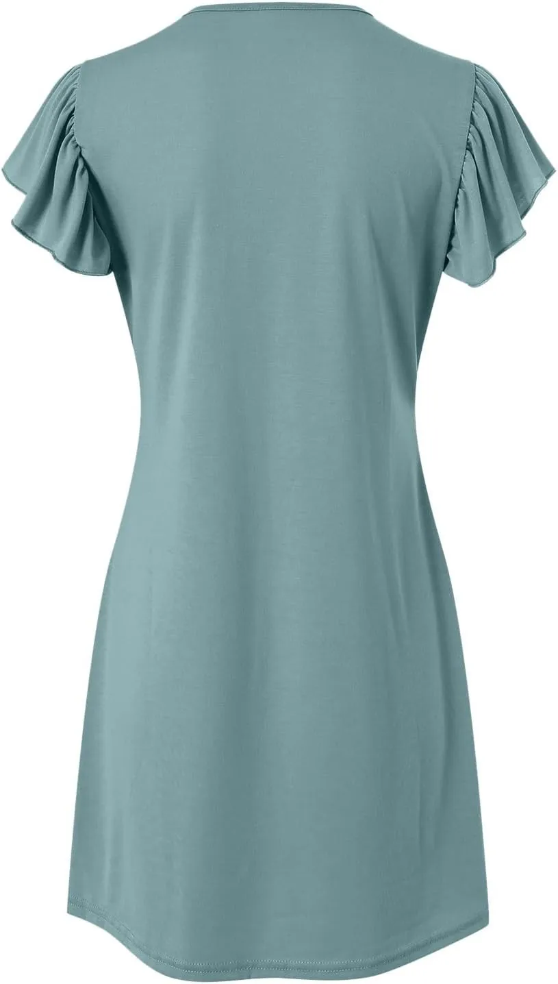 Women Summer Dresses Beach Deep V Neck Loose Ruffle Sleeve A Line Plain Casual Solid Loose Short Flowy Mini Dress