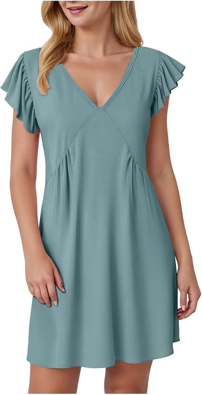 Women Summer Dresses Beach Deep V Neck Loose Ruffle Sleeve A Line Plain Casual Solid Loose Short Flowy Mini Dress