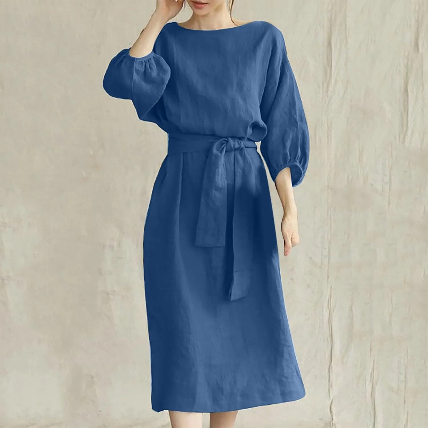 Women Summer Dresses Dressy Casual Loose Lantern 3/4 Sleeve Midi Dress Boat Neck Tie Waist Plus Size T Shirt Dress