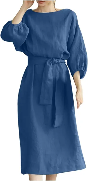 Women Summer Dresses Dressy Casual Loose Lantern 3/4 Sleeve Midi Dress Boat Neck Tie Waist Plus Size T Shirt Dress