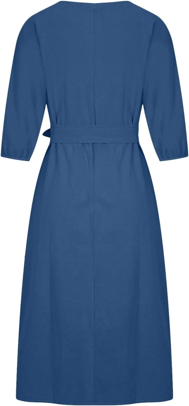 Women Summer Dresses Dressy Casual Loose Lantern 3/4 Sleeve Midi Dress Boat Neck Tie Waist Plus Size T Shirt Dress