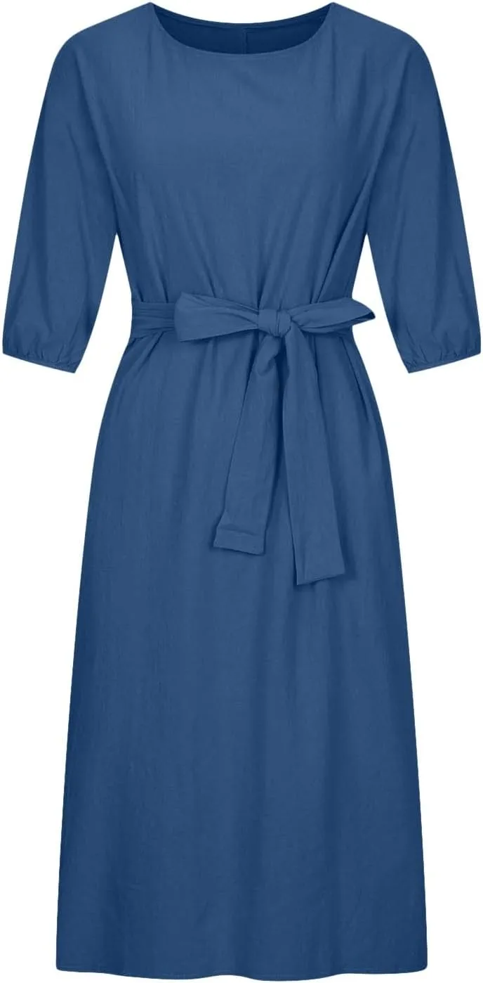 Women Summer Dresses Dressy Casual Loose Lantern 3/4 Sleeve Midi Dress Boat Neck Tie Waist Plus Size T Shirt Dress