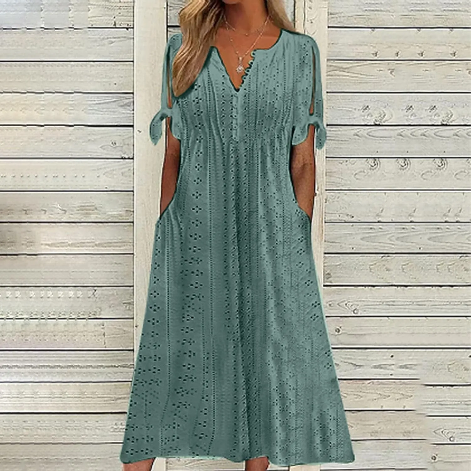 Women Summer Ruffle Hem Floral Lace Eyelet Dress Casual Notch Neck Midi Tunic Dress with Pocket A Line Casual Sundress