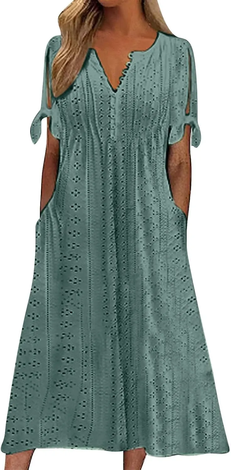 Women Summer Ruffle Hem Floral Lace Eyelet Dress Casual Notch Neck Midi Tunic Dress with Pocket A Line Casual Sundress