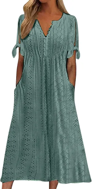 Women Summer Ruffle Hem Floral Lace Eyelet Dress Casual Notch Neck Midi Tunic Dress with Pocket A Line Casual Sundress
