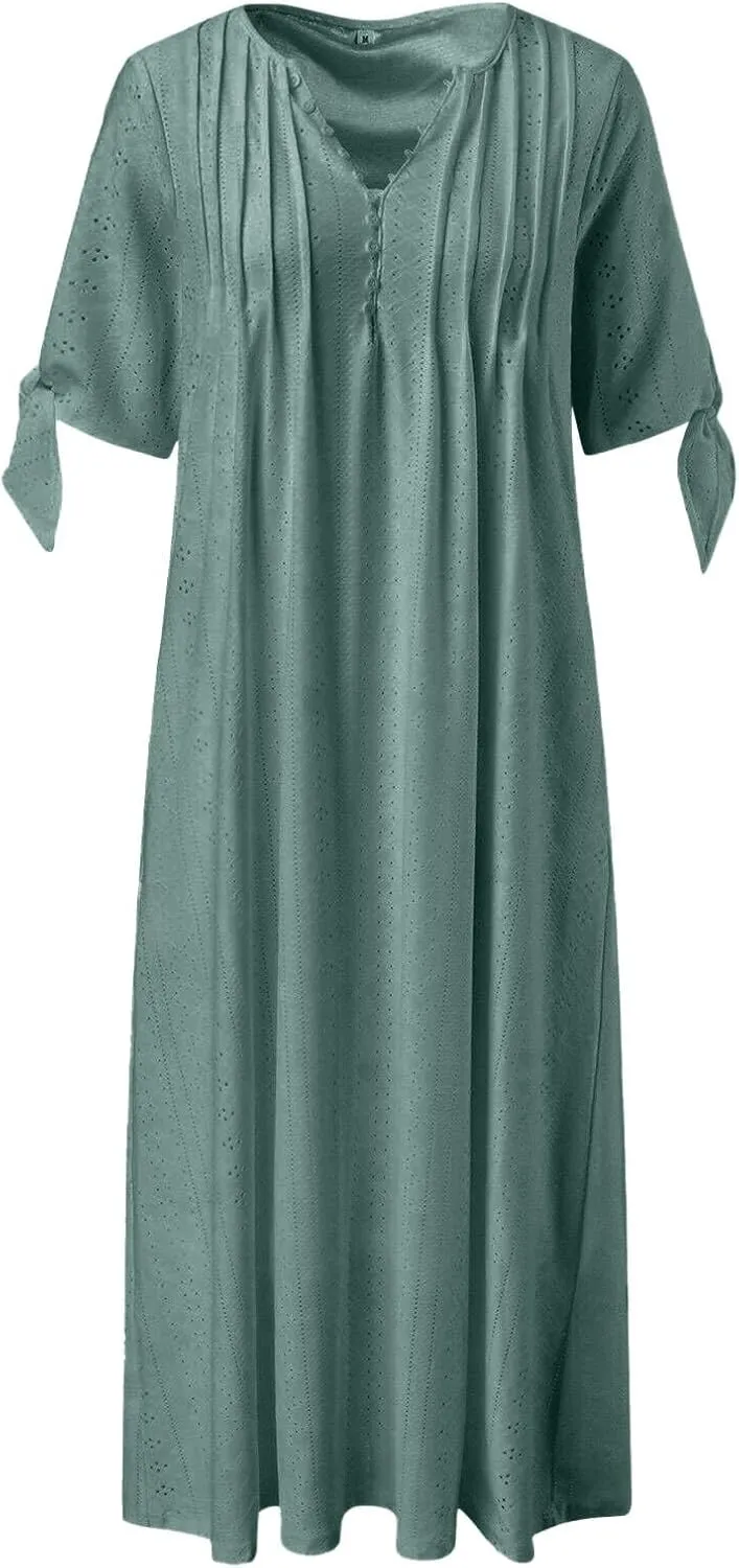 Women Summer Ruffle Hem Floral Lace Eyelet Dress Casual Notch Neck Midi Tunic Dress with Pocket A Line Casual Sundress