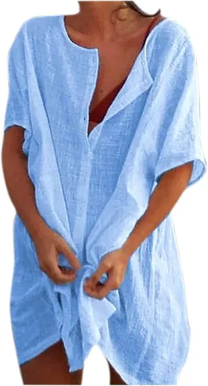 Women Summer Shirt Dress Short Sleeve Button Down Mini Sundress Plus Size Beach Cover Up Dress Casual Linen Dresses