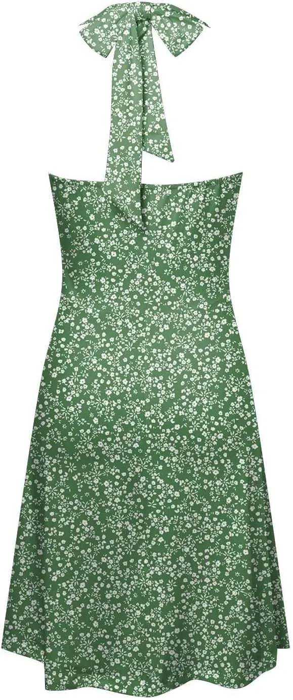 Women Summer Sundress Sleeveless Halter Deep V Neck Backless Boho Floral with Pocket Elastic Waist Ruffle Midi Dress