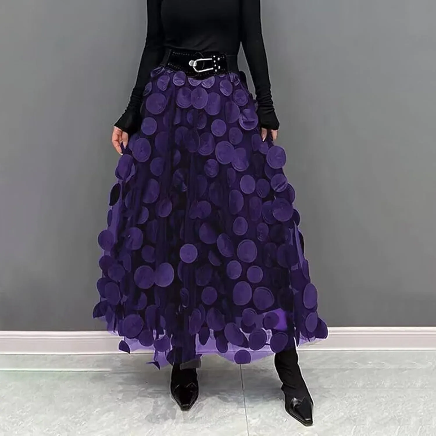 Women Tulle Midi Skirt High Elastic Waist 3D Polka Dot Mesh Skirt A-Line Layered Bubble Skirt Graduation Dress