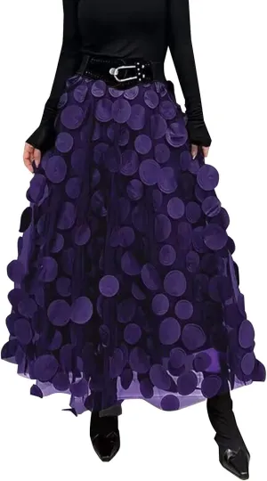 Women Tulle Midi Skirt High Elastic Waist 3D Polka Dot Mesh Skirt A-Line Layered Bubble Skirt Graduation Dress