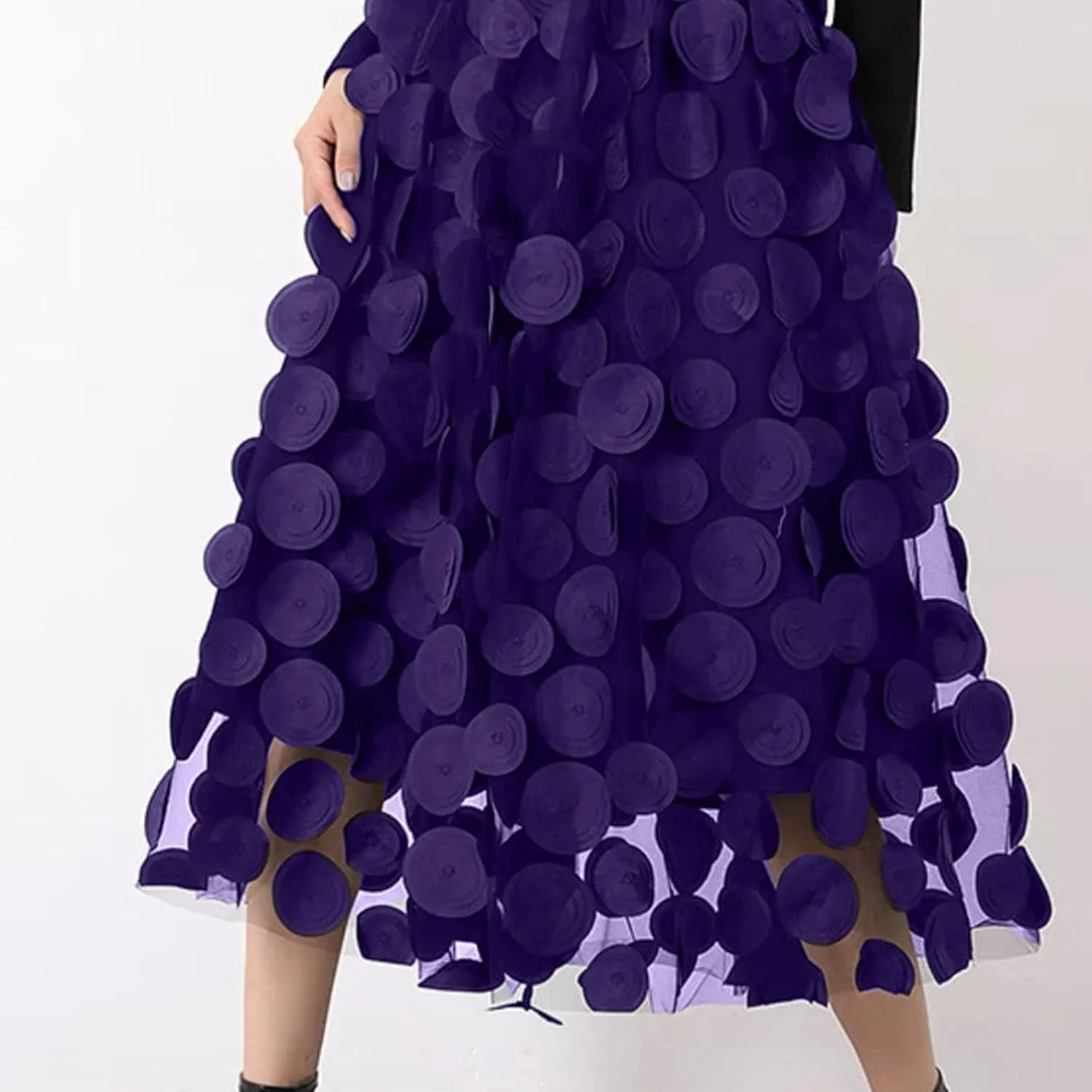 Women Tulle Midi Skirt High Elastic Waist 3D Polka Dot Mesh Skirt A-Line Layered Bubble Skirt Graduation Dress
